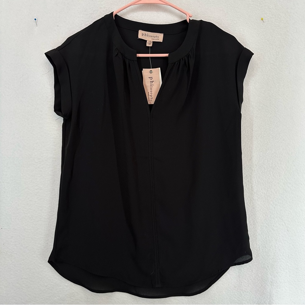 NWT Philosophy Sheer Short‎ Sleeve V Neck Blouse Womens XS Black
